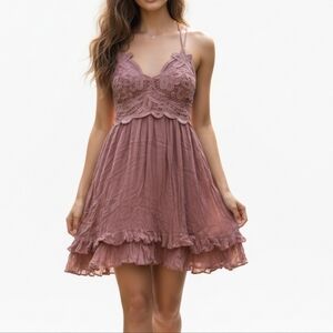 Listiele Babydoll Dress Sz Small Mauve Rose Lined Boho Flowy‎ Layer Lace Fairy